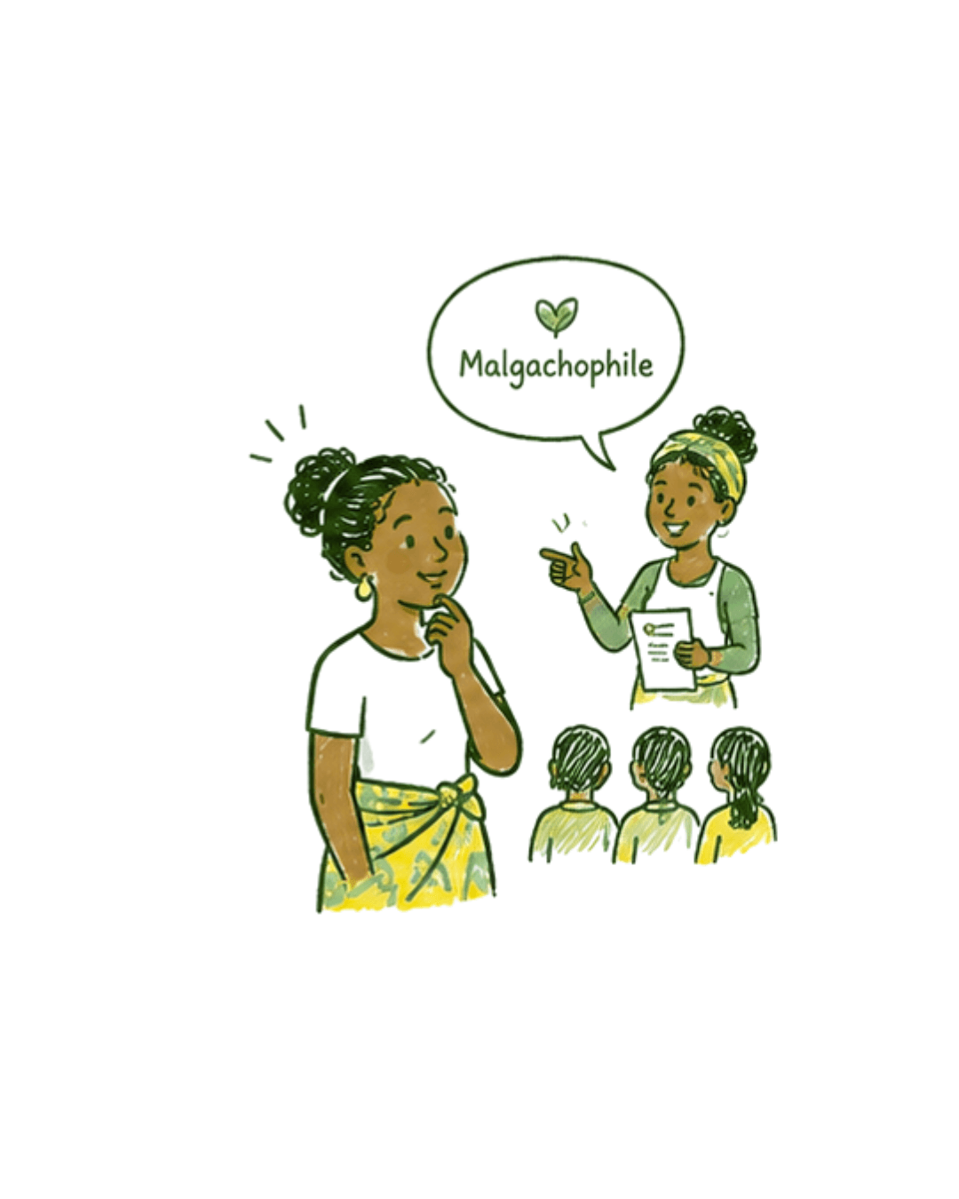 Illustration : une femme découvre Malgachophile et rencontre la communauté — étape « Découverte » du parcours AGR